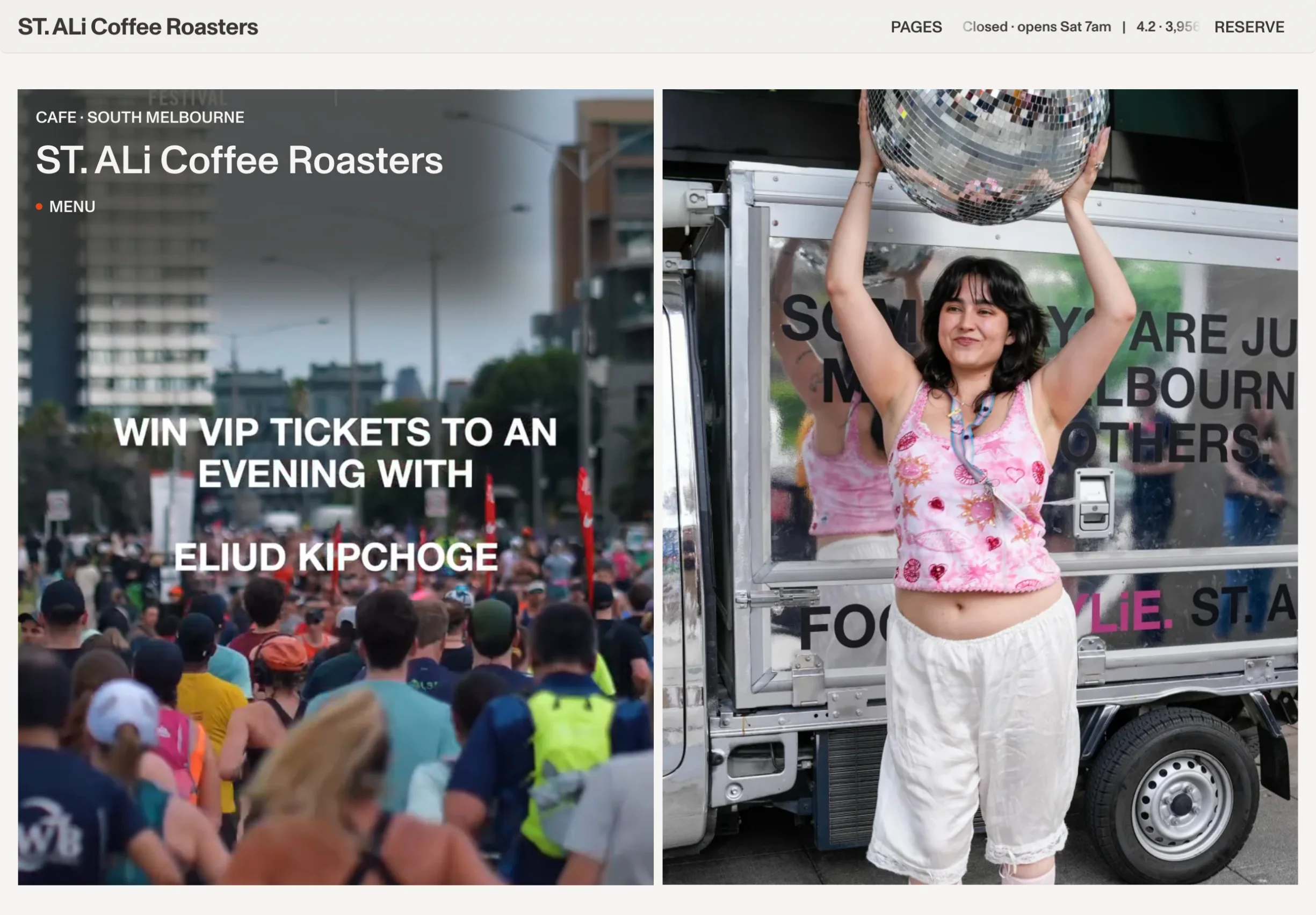 An iPad showing a cafe's Milkcrate site: its name and Menu link beside two photos
