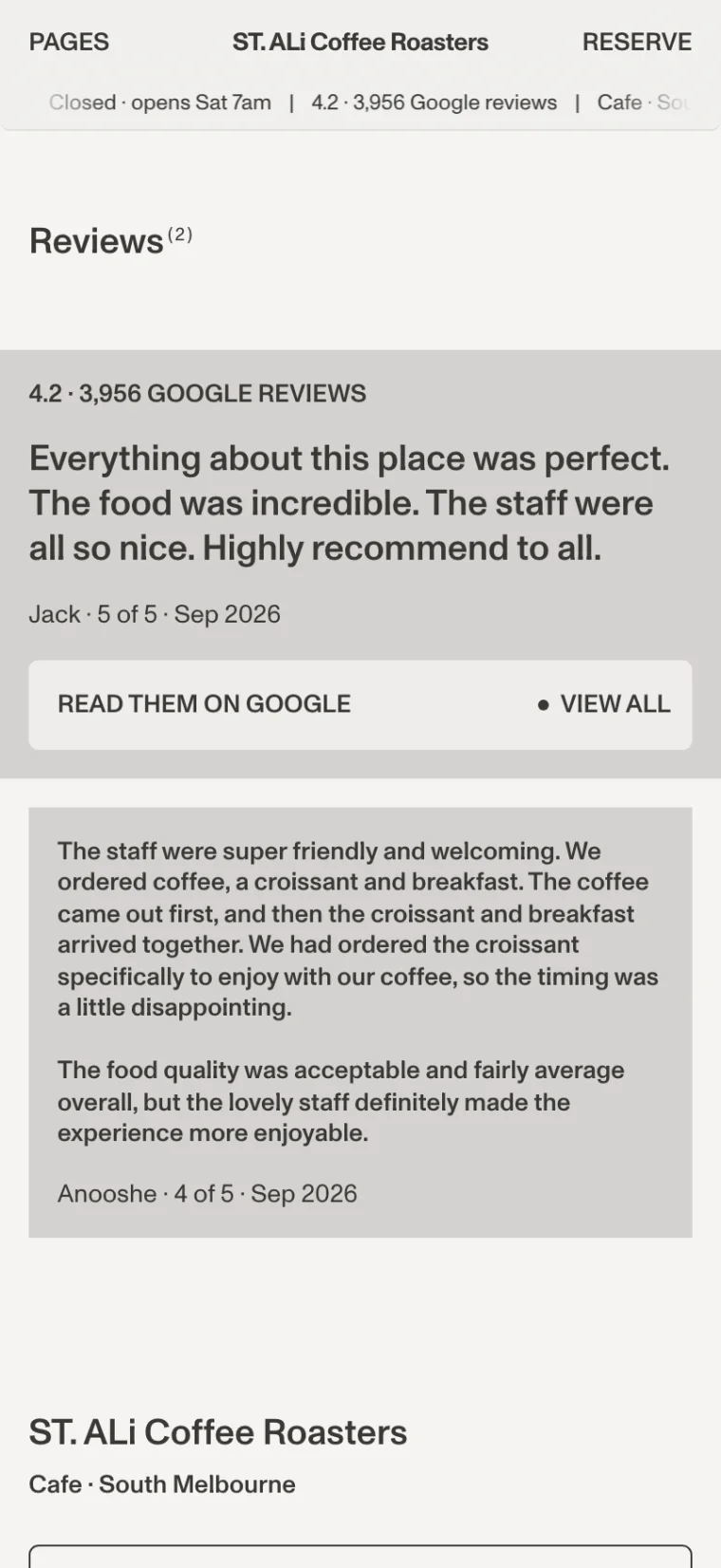 A cafe's Milkcrate site: its Reviews page with a 4.2 Google rating and two reviews